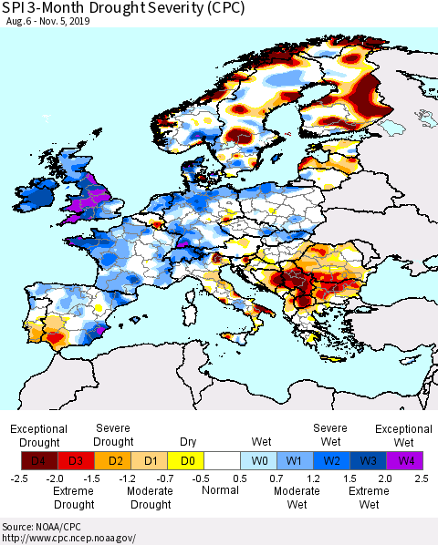 Europe SPI 3-Month Drought Severity (CPC) Thematic Map For 8/6/2019 - 11/5/2019