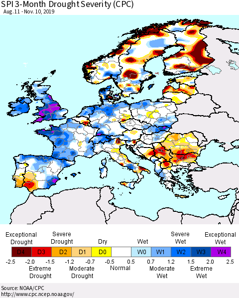 Europe SPI 3-Month Drought Severity (CPC) Thematic Map For 8/11/2019 - 11/10/2019