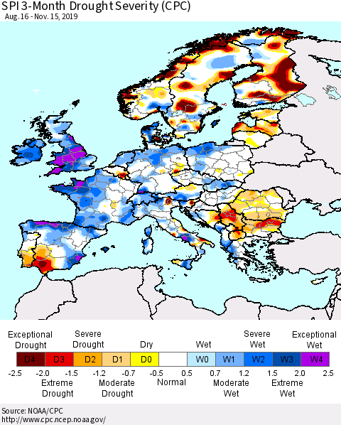 Europe SPI 3-Month Drought Severity (CPC) Thematic Map For 8/16/2019 - 11/15/2019