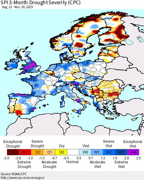 Europe SPI 3-Month Drought Severity (CPC) Thematic Map For 8/21/2019 - 11/20/2019