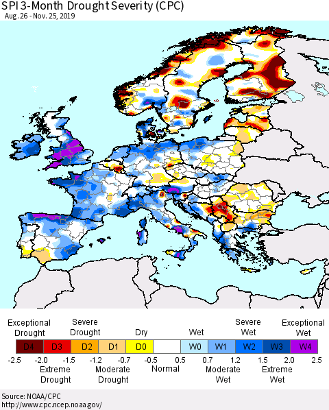 Europe SPI 3-Month Drought Severity (CPC) Thematic Map For 8/26/2019 - 11/25/2019