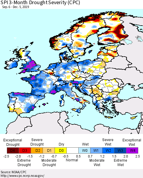 Europe SPI 3-Month Drought Severity (CPC) Thematic Map For 9/6/2019 - 12/5/2019