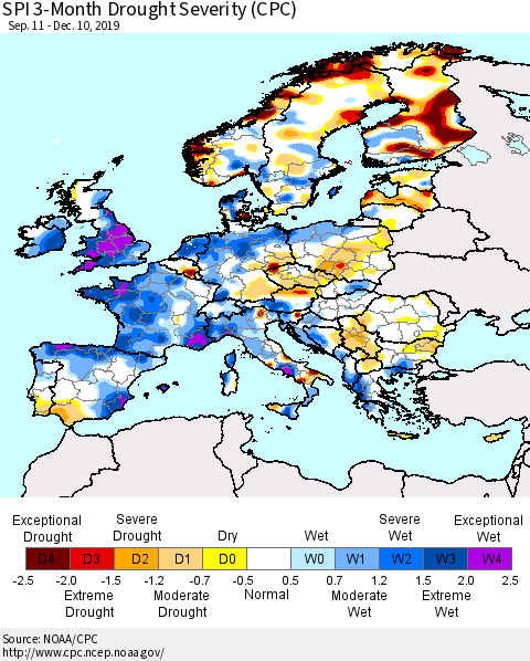 Europe SPI 3-Month Drought Severity (CPC) Thematic Map For 9/11/2019 - 12/10/2019