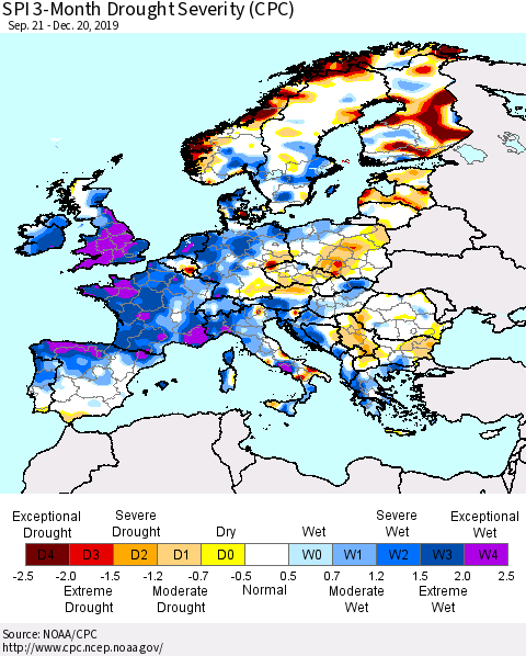 Europe SPI 3-Month Drought Severity (CPC) Thematic Map For 9/21/2019 - 12/20/2019