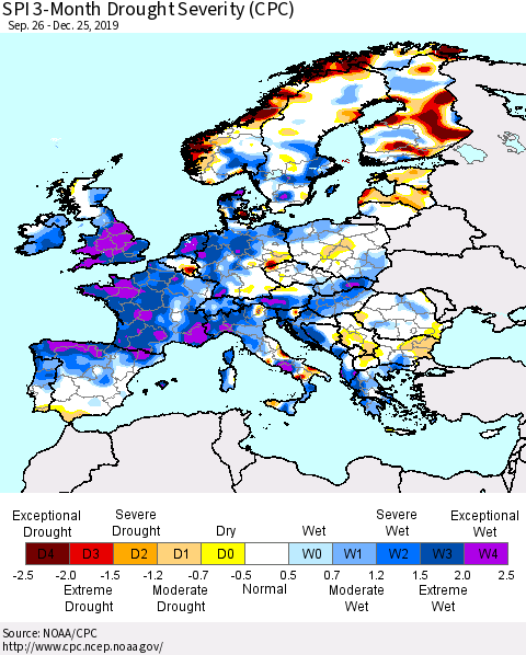 Europe SPI 3-Month Drought Severity (CPC) Thematic Map For 9/26/2019 - 12/25/2019