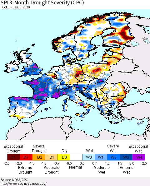 Europe SPI 3-Month Drought Severity (CPC) Thematic Map For 10/6/2019 - 1/5/2020