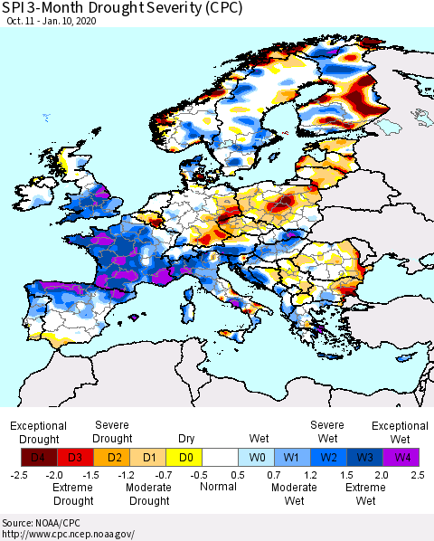 Europe SPI 3-Month Drought Severity (CPC) Thematic Map For 10/11/2019 - 1/10/2020
