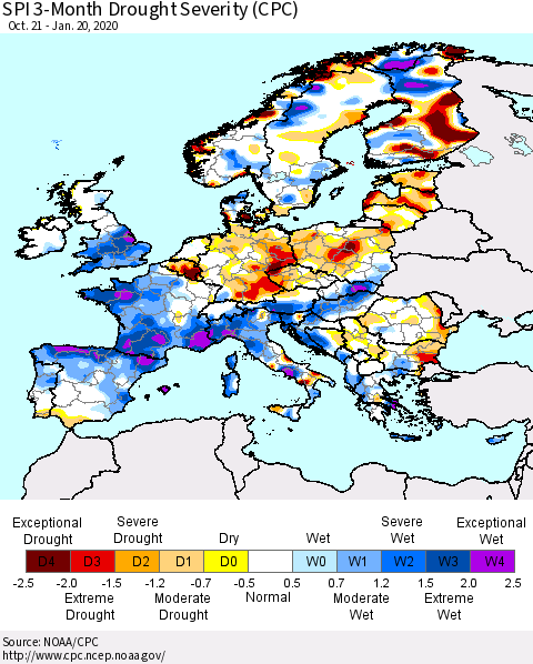 Europe SPI 3-Month Drought Severity (CPC) Thematic Map For 10/21/2019 - 1/20/2020