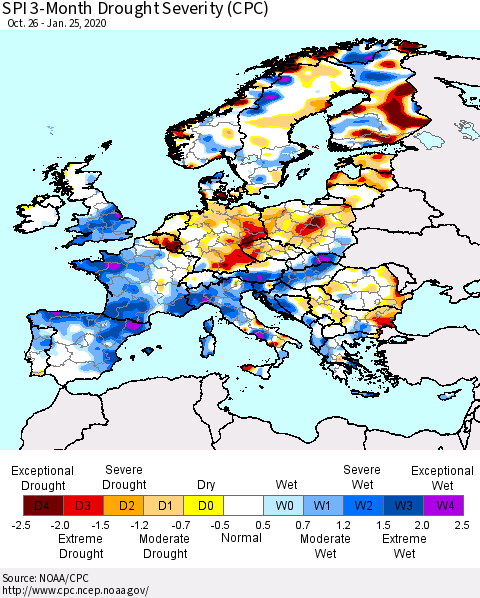 Europe SPI 3-Month Drought Severity (CPC) Thematic Map For 10/26/2019 - 1/25/2020