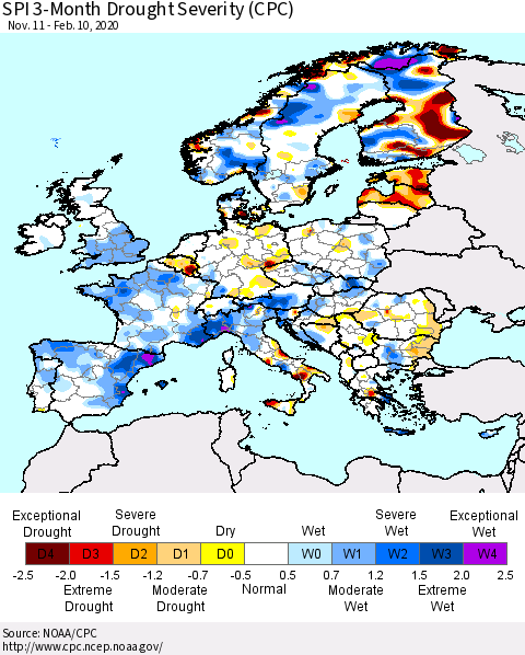 Europe SPI 3-Month Drought Severity (CPC) Thematic Map For 11/11/2019 - 2/10/2020