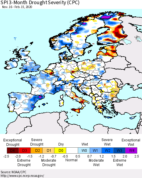 Europe SPI 3-Month Drought Severity (CPC) Thematic Map For 11/16/2019 - 2/15/2020