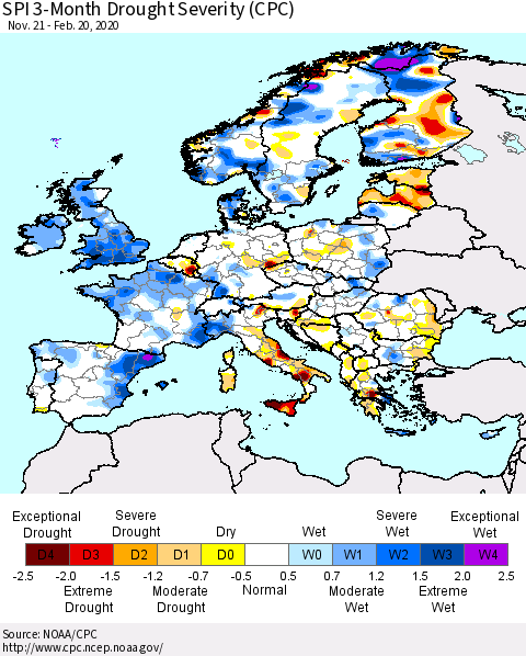 Europe SPI 3-Month Drought Severity (CPC) Thematic Map For 11/21/2019 - 2/20/2020