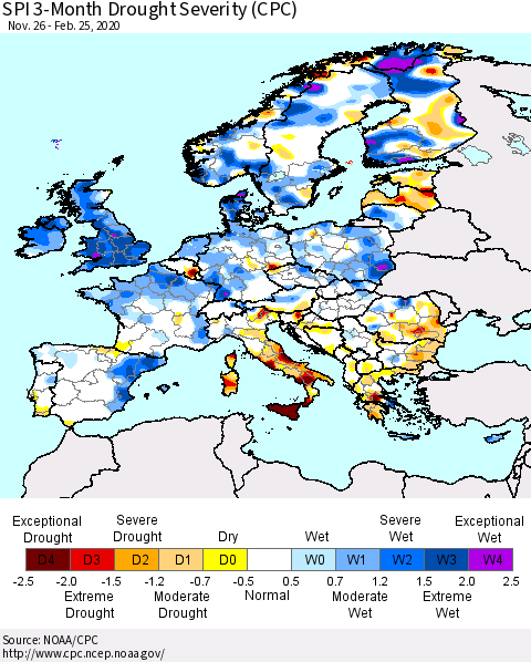 Europe SPI 3-Month Drought Severity (CPC) Thematic Map For 11/26/2019 - 2/25/2020