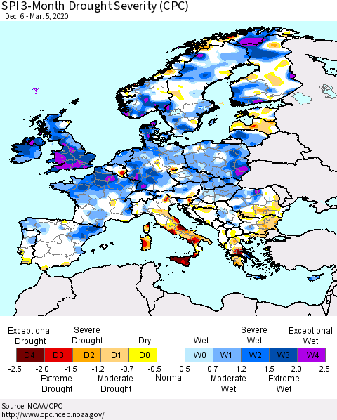 Europe SPI 3-Month Drought Severity (CPC) Thematic Map For 12/6/2019 - 3/5/2020