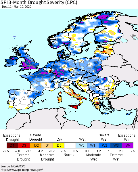 Europe SPI 3-Month Drought Severity (CPC) Thematic Map For 12/11/2019 - 3/10/2020