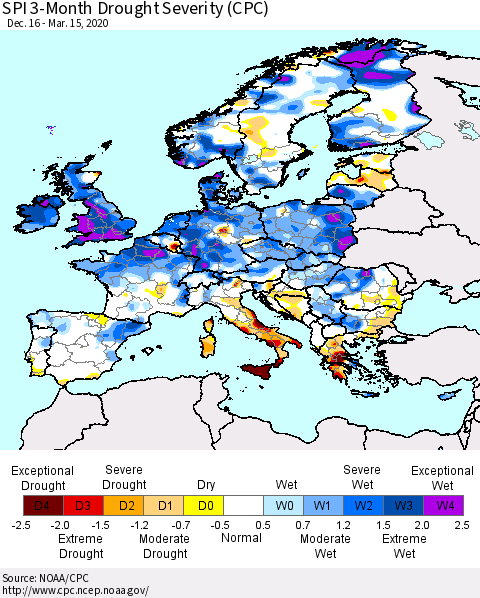 Europe SPI 3-Month Drought Severity (CPC) Thematic Map For 12/16/2019 - 3/15/2020