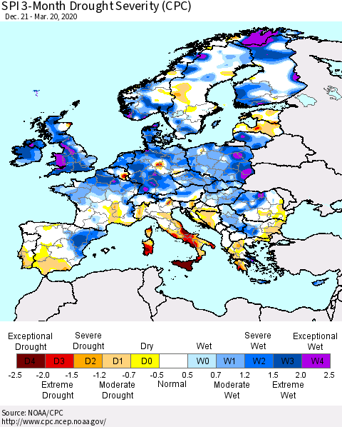 Europe SPI 3-Month Drought Severity (CPC) Thematic Map For 12/21/2019 - 3/20/2020