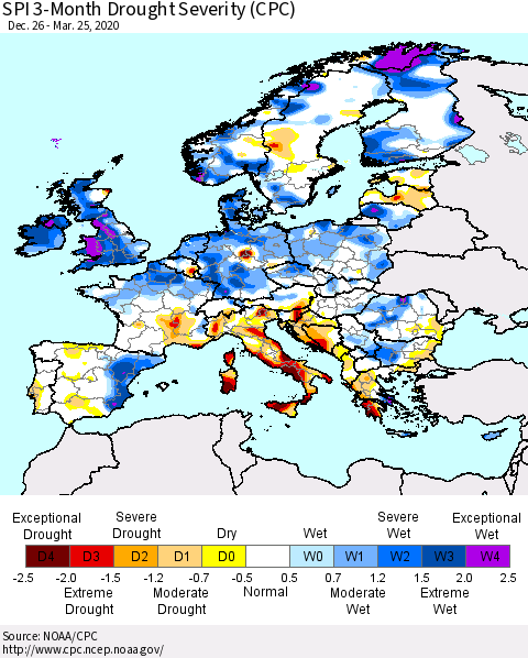 Europe SPI 3-Month Drought Severity (CPC) Thematic Map For 12/26/2019 - 3/25/2020