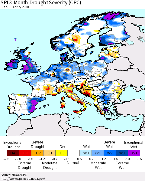 Europe SPI 3-Month Drought Severity (CPC) Thematic Map For 1/6/2020 - 4/5/2020
