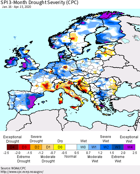 Europe SPI 3-Month Drought Severity (CPC) Thematic Map For 1/16/2020 - 4/15/2020