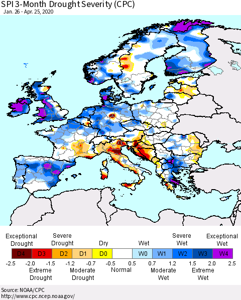 Europe SPI 3-Month Drought Severity (CPC) Thematic Map For 1/26/2020 - 4/25/2020