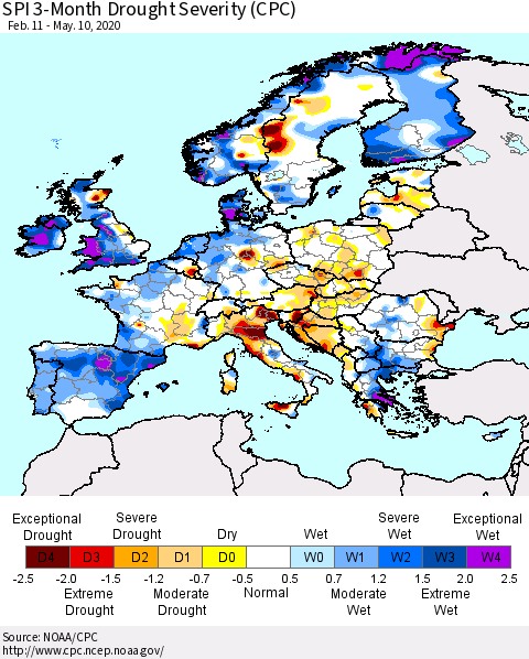 Europe SPI 3-Month Drought Severity (CPC) Thematic Map For 2/11/2020 - 5/10/2020