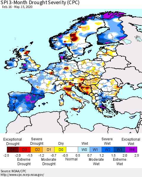 Europe SPI 3-Month Drought Severity (CPC) Thematic Map For 2/16/2020 - 5/15/2020