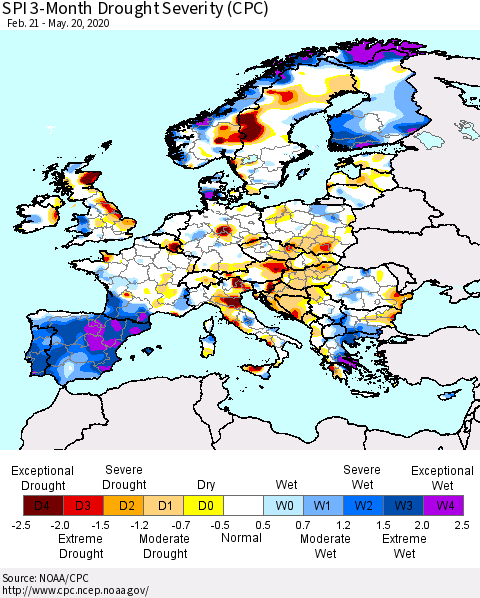 Europe SPI 3-Month Drought Severity (CPC) Thematic Map For 2/21/2020 - 5/20/2020