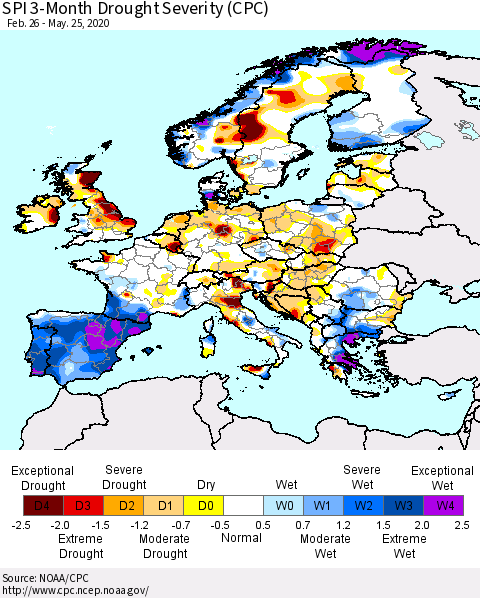 Europe SPI 3-Month Drought Severity (CPC) Thematic Map For 2/26/2020 - 5/25/2020