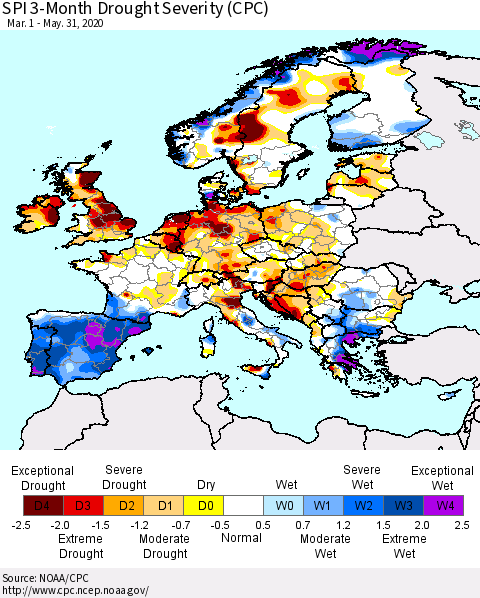 Europe SPI 3-Month Drought Severity (CPC) Thematic Map For 3/1/2020 - 5/31/2020
