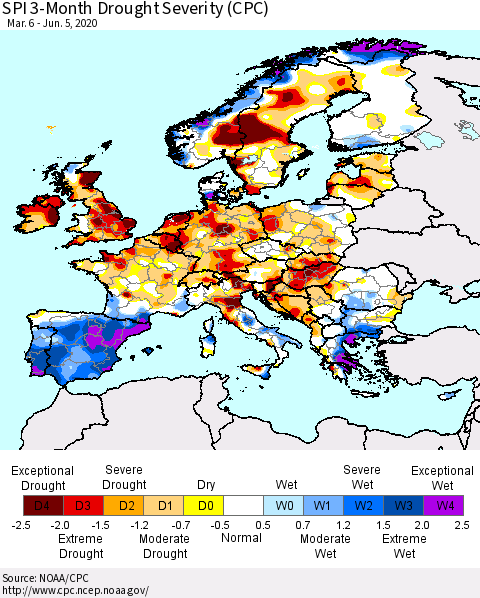 Europe SPI 3-Month Drought Severity (CPC) Thematic Map For 3/6/2020 - 6/5/2020