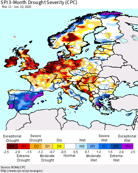 Europe SPI 3-Month Drought Severity (CPC) Thematic Map For 3/11/2020 - 6/10/2020