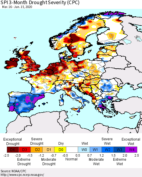 Europe SPI 3-Month Drought Severity (CPC) Thematic Map For 3/16/2020 - 6/15/2020