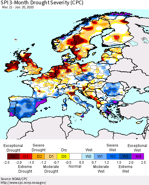 Europe SPI 3-Month Drought Severity (CPC) Thematic Map For 3/21/2020 - 6/20/2020