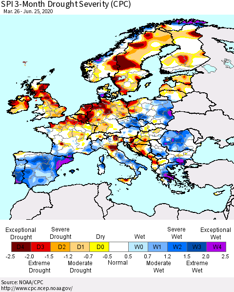 Europe SPI 3-Month Drought Severity (CPC) Thematic Map For 3/26/2020 - 6/25/2020
