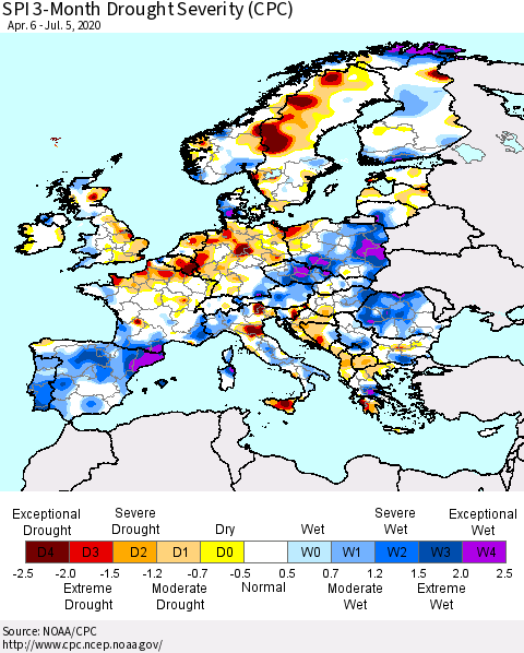 Europe SPI 3-Month Drought Severity (CPC) Thematic Map For 4/6/2020 - 7/5/2020