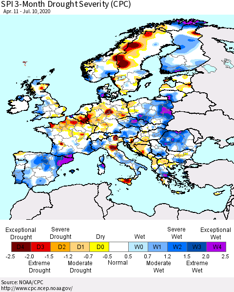 Europe SPI 3-Month Drought Severity (CPC) Thematic Map For 4/11/2020 - 7/10/2020