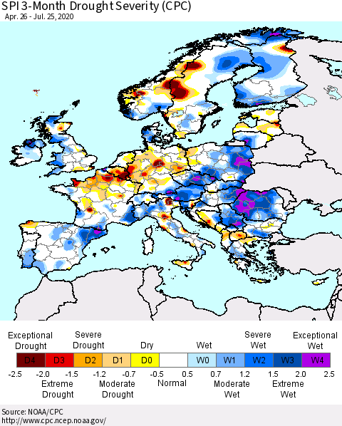 Europe SPI 3-Month Drought Severity (CPC) Thematic Map For 4/26/2020 - 7/25/2020