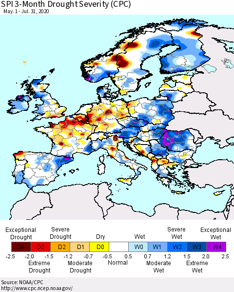 Europe SPI 3-Month Drought Severity (CPC) Thematic Map For 5/1/2020 - 7/31/2020