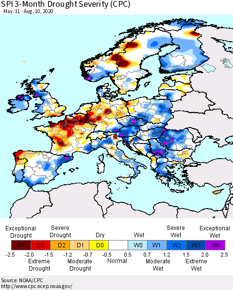 Europe SPI 3-Month Drought Severity (CPC) Thematic Map For 5/11/2020 - 8/10/2020