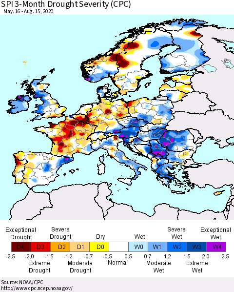 Europe SPI 3-Month Drought Severity (CPC) Thematic Map For 5/16/2020 - 8/15/2020
