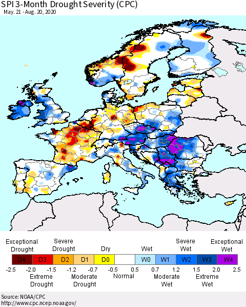 Europe SPI 3-Month Drought Severity (CPC) Thematic Map For 5/21/2020 - 8/20/2020