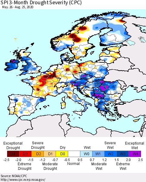 Europe SPI 3-Month Drought Severity (CPC) Thematic Map For 5/26/2020 - 8/25/2020