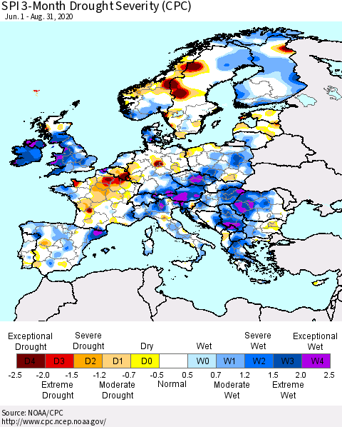 Europe SPI 3-Month Drought Severity (CPC) Thematic Map For 6/1/2020 - 8/31/2020