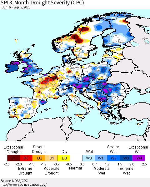 Europe SPI 3-Month Drought Severity (CPC) Thematic Map For 6/6/2020 - 9/5/2020
