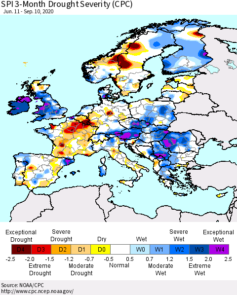 Europe SPI 3-Month Drought Severity (CPC) Thematic Map For 6/11/2020 - 9/10/2020