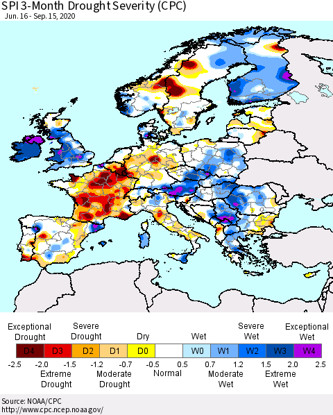 Europe SPI 3-Month Drought Severity (CPC) Thematic Map For 6/16/2020 - 9/15/2020