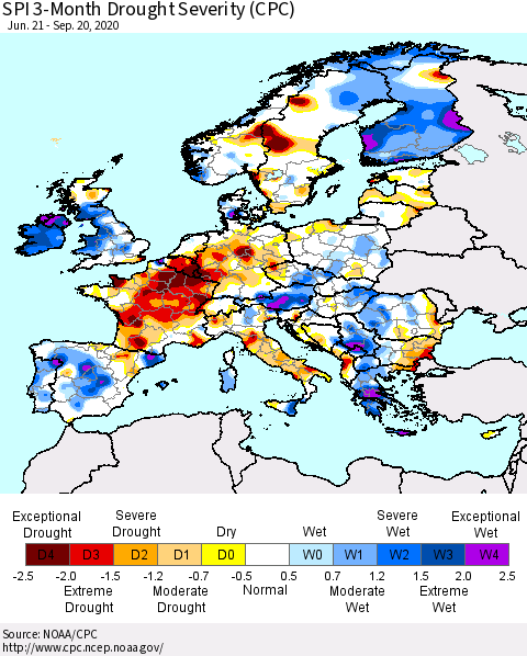 Europe SPI 3-Month Drought Severity (CPC) Thematic Map For 6/21/2020 - 9/20/2020