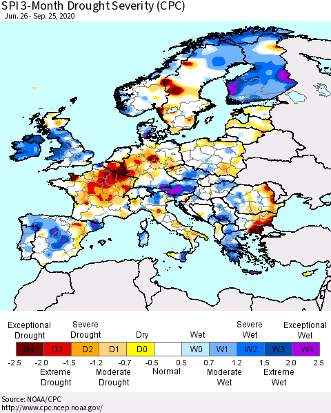 Europe SPI 3-Month Drought Severity (CPC) Thematic Map For 6/26/2020 - 9/25/2020