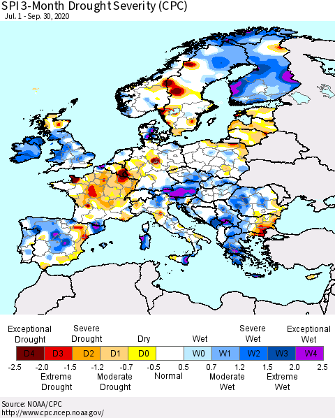 Europe SPI 3-Month Drought Severity (CPC) Thematic Map For 7/1/2020 - 9/30/2020